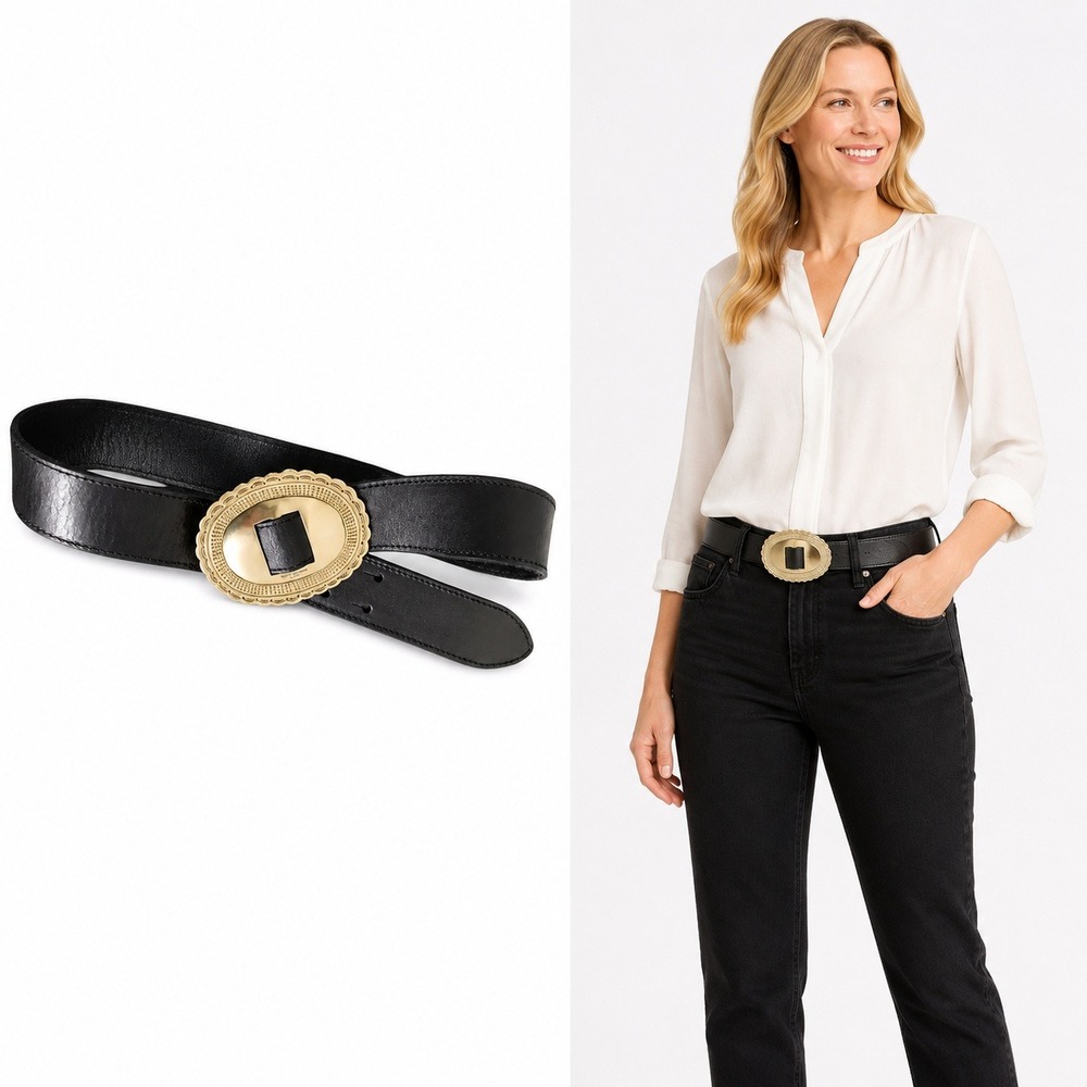 Saint Laurent Paris Black Leather Western Belt Gold Oval Scalloped Buckle Luxury